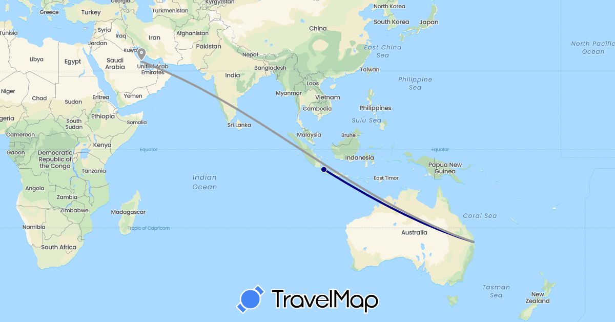 TravelMap itinerary: driving, plane in Australia, Bahrain, Indonesia (Asia, Oceania)